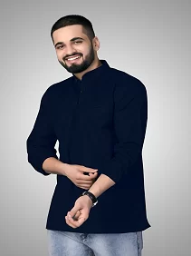 CROWN WORLD Men's Cotton Regular Navy Blue Short Kurta , Casual & Ethnic Wear with Long Sleeve