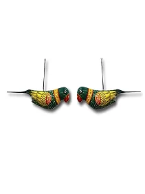 Handpainted Paper Mache Indian Green Parrot Bird, Hanging Ornament, Handmade Decorative Bird for Home, Garden (Pack of 2)