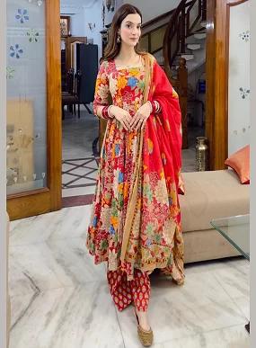 Muslin Cotton Anarkali Set with Chanderi Dupatta – Elegant Printed Suit Set | Women’s Ethnic Set | Anarkali Suit with Bottom & Dupatta | Kurta Set for Women