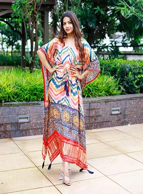 Designer Satin Kaftan – Printed Elegance with Fancy Latkan & Lace Detailing | Women’s Kaftan | Printed Satin Kaftan Dress | Free Size Ethnic Wear
