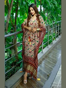 Designer Satin Kaftan – Printed Elegance with Fancy Latkan & Lace Detailing | Women’s Kaftan | Printed Satin Kaftan Dress | Free Size Ethnic Wear