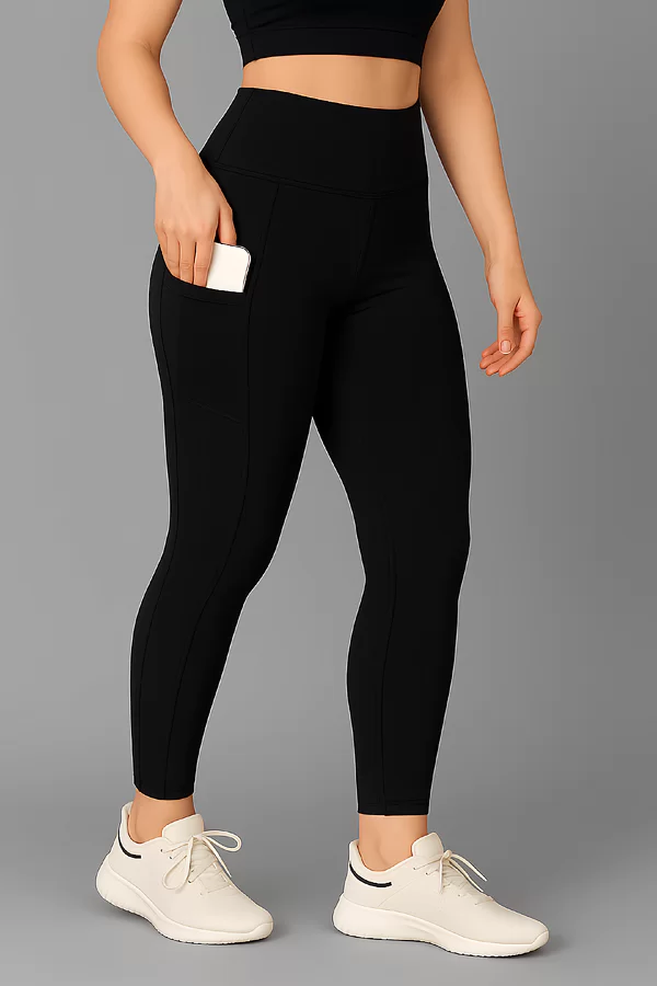 WUGO High-Waist Tights for Women – 4-Way Stretch, Side Pockets, Moisture-Wicking | Sports Leggings | Full Black