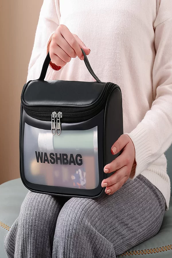 Laxora Beauty Pvc 16 Cms Cosmetic Organizer Bag Makeup Pouch For Women Travel Toiletry Bag For Cosmetics Brushes Accessories Waterproof Zippered Cosmetic Bag Portable Carry Pouch (Black)