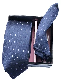 Premium Slik Regular Free Size Necktie for Men with Pocket Square - Navy Blue Foulard Design