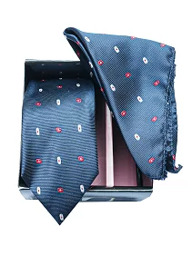 Premium Slik Regular Free Size Necktie for Men with Pocket Square - Navy With Red white Polka Design