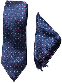 Premium Slik Regular Free Size Necktie for Men with Pocket Square - Navy With Red white Polka Design