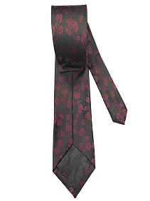 Premium Silk Necktie for Men with Matching Cufflinks and Pocket Square -  Black color, Magenda flower Design