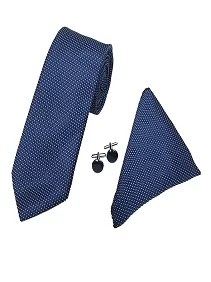 Rare Combee Blue Color Silk Necktie, White Mini Dotted Standard Size Premium Fabric Luxurious Finishing with Pocket Square & Cufflinks