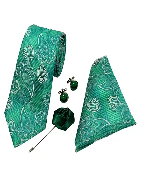 Rare Combee Premium Gold Sea Green Silk Necktie Luxurious Finishing with Pocket Square, Cufflinks, Rose Pin for Weeding, Corporate, Meeting, Party's, Reception, Gift, Business, Office