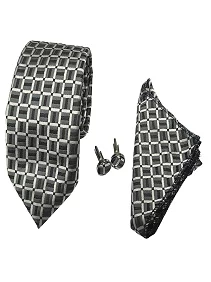 Ultra-Premium Silk Necktie for Men Matching Cufflinks With A Pocket - Grey, Black & White check Design