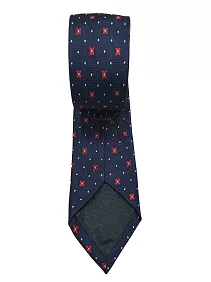 Ultra-Premium Silk Necktie for Men Matching Cufflinks With A Pocket Square - Navy Blue Color,  White & Red  Floral Design