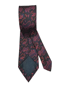 Ultra-Premium Black Silk Necktie for Men. Red Floral Design Matching Cufflinks with a Pocket Square. 