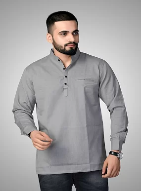 CROWN WORLD Men's Cotton Regular Grey Short Kurta , Casual & Ethnic Wear with Long Sleeve