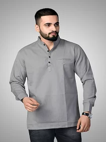 CROWN WORLD Men's Cotton Regular Grey Short Kurta , Casual & Ethnic Wear with Long Sleeve