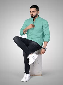 CROWN WORLD Men's Cotton Regular Light Green Short Kurta , Casual & Ethnic Wear with Long Sleeve