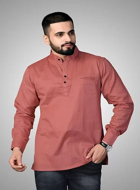 CROWN WORLD Men's Cotton Regular Pink Short Kurta , Casual & Ethnic Wear with Long Sleeve