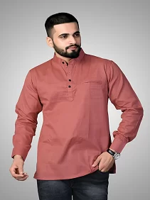 CROWN WORLD Men's Cotton Regular Pink Short Kurta , Casual & Ethnic Wear with Long Sleeve