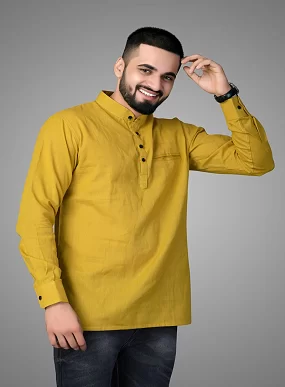 CROWN WORLD Men's Cotton Regular Yellow Short Kurta , Casual & Ethnic Wear with Long Sleeve