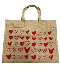 Eco-Friendly Jute Bag-Reusable Red Heart Printed Tiffin/Shopping/Grocery Multipurpose Hand Bag with Zip & Handle for Men and Women