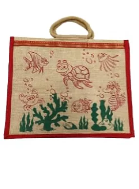 PALAK SAXENA Jute Bag for Shopping - Shoulder Bag | Shoppers Tote | Jute Bag Big Size | Grocery Bag | Eco Friendly Bags for Shopping - Cute & Quirky Collection (Tortoise, Fish - Red)