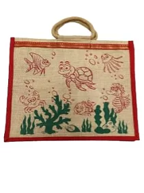 PALAK SAXENA Jute Bag for Shopping - Shoulder Bag | Shoppers Tote | Jute Bag Big Size | Grocery Bag | Eco Friendly Bags for Shopping - Cute & Quirky Collection (Tortoise, Fish - Red)