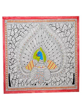 Palak Saxena Graceful Peacock Dance: Authentic Madhubani Painting on Paper | Unframed 32.2 x 24.2 inches for Home, Office