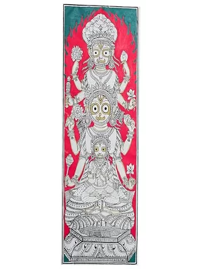 Lord Jagannath, Subhadra, and Balabhadra Unframed Pattachitra Wall Art on Tussar Silk - 50 x 25 cm - Exquisite Home and Office Decor