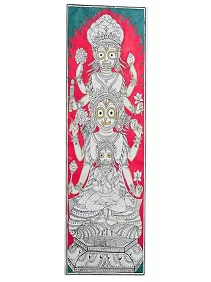 Lord Jagannath, Subhadra, and Balabhadra Unframed Pattachitra Wall Art on Tussar Silk - 50 x 25 cm - Exquisite Home and Office Decor