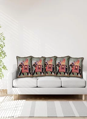 Set of 5 Decorative Cushion Covers, 40 x 40 cm, Square Cotton Linen Elephant Decorative Cushion Covers with Hidden Zip, Single-Sided Print, Decorative Cushion Covers for Sofa, Car, Outdoor, Bedroom