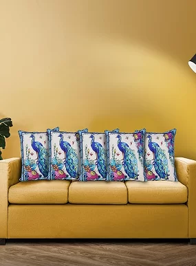 Set of 5 Decorative Cushion Covers, 40 x 40 cm, Square Cotton Linen Peacock Decorative Cushion Covers with Hidden Zip, Single-Sided Print, Decorative Cushion Covers for Sofa, Car, Outdoor, Bedroom