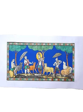 Lord Krishna Grazing Cows with the Gopis Pattachitra Painting – Traditional Indian Artwork on Silk Cloth