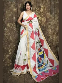 Kerala Cotton Hand-Painted Saree – Artistic Elegance with Blouse Piece