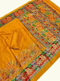 Premium Dola Silk Saree – Golden Print Elegance with Blouse Piece