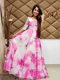 Women’s Western Gown | Party Wear Gown | Printed Ethnic Fusion Gown | Women’s Soft Tabby Organza Floral Gown – Elegant Comfort with Flowing Flair