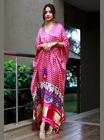 Designer Satin Kaftan – Printed Elegance with Fancy Latkan & Lace Detailing | Women’s Kaftan | Printed Satin Kaftan Dress | Free Size Ethnic Wear