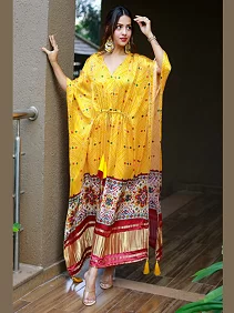 Designer Satin Kaftan – Printed Elegance with Fancy Latkan & Lace Detailing | Women’s Kaftan | Printed Satin Kaftan Dress | Free Size Ethnic Wear