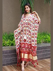 Designer Satin Kaftan – Printed Elegance with Fancy Latkan & Lace Detailing | Women’s Kaftan | Printed Satin Kaftan Dress | Free Size Ethnic Wear