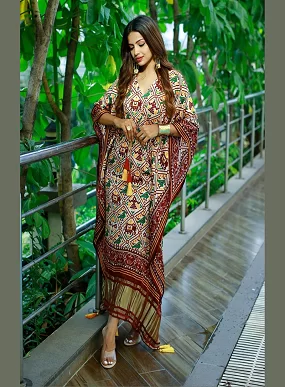 Designer Satin Kaftan – Printed Elegance with Fancy Latkan & Lace Detailing | Women’s Kaftan | Printed Satin Kaftan Dress | Free Size Ethnic Wear