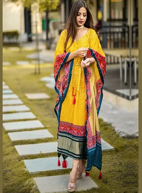 Designer Satin Kaftan – Printed Elegance with Fancy Latkan & Lace Detailing | Women’s Kaftan | Printed Satin Kaftan Dress | Free Size Ethnic Wear