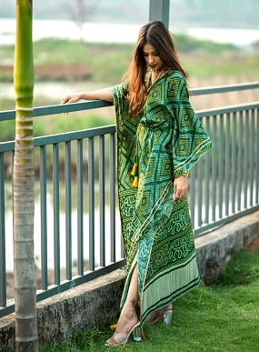 Designer Satin Kaftan – Printed Elegance with Fancy Latkan & Lace Detailing | Women’s Kaftan | Printed Satin Kaftan Dress | Free Size Ethnic Wear