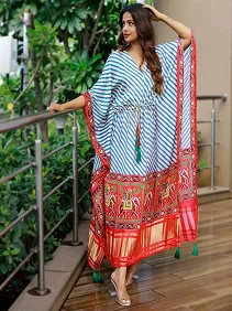 Designer Satin Kaftan – Printed Elegance with Fancy Latkan & Lace Detailing | Women’s Kaftan | Printed Satin Kaftan Dress | Free Size Ethnic Wear
