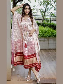 Designer Satin Kaftan – Printed Elegance with Fancy Latkan & Lace Detailing | Women’s Kaftan | Printed Satin Kaftan Dress | Free Size Ethnic Wear