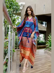 Designer Satin Kaftan – Printed Elegance with Fancy Latkan & Lace Detailing | Women’s Kaftan | Printed Satin Kaftan Dress | Free Size Ethnic Wear