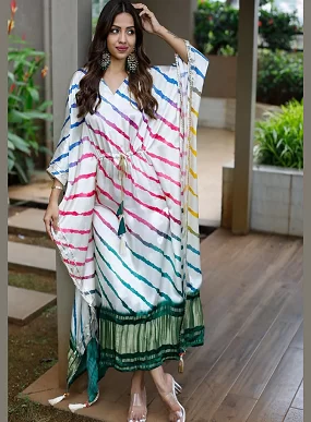 Designer Satin Kaftan – Printed Elegance with Fancy Latkan & Lace Detailing | Women’s Kaftan | Printed Satin Kaftan Dress | Free Size Ethnic Wear