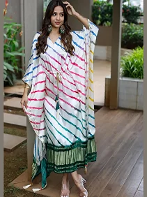 Designer Satin Kaftan – Printed Elegance with Fancy Latkan & Lace Detailing | Women’s Kaftan | Printed Satin Kaftan Dress | Free Size Ethnic Wear