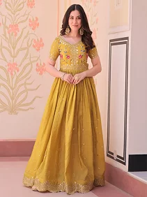 Premium Designer Readymade Gown – Gold Crush with Multithread Zari Embroidery | Women’s Party Wear Gown | Readymade Designer Gown | Embroidered Gown