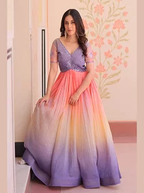 Premium Gold Crush Designer Gown – Beads Embroidered Elegance | Women's Readymade Gown | Designer Ethnic Wear | Party & Occasion Wear