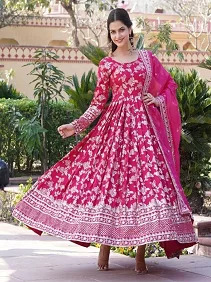 Premium Viscose Dyable Jacquard Gown with Embroidered Russian Silk Dupatta