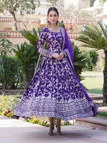 Premium Viscose Dyable Jacquard Gown with Embroidered Russian Silk Dupatta