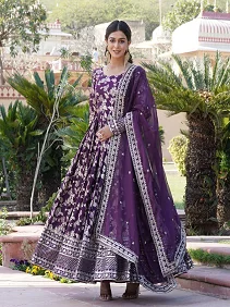 Premium Viscose Dyable Jacquard Gown with Embroidered Russian Silk Dupatta